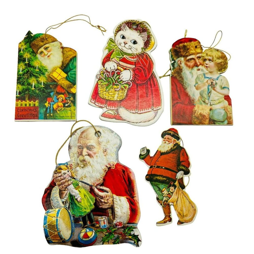 Victorian Die Cut Gold Trim Santa Christmas Ornaments Cat Lot of 5 3.5 inch 1977